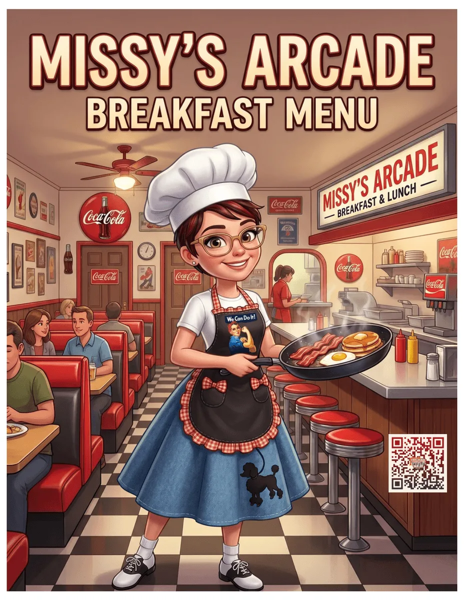 The illustrated Missy's Arcade breakfast menu cover: Missy as a 1950s diner character in a poodle skirt, surrounded by red booths and Coca-Cola memorabilia.