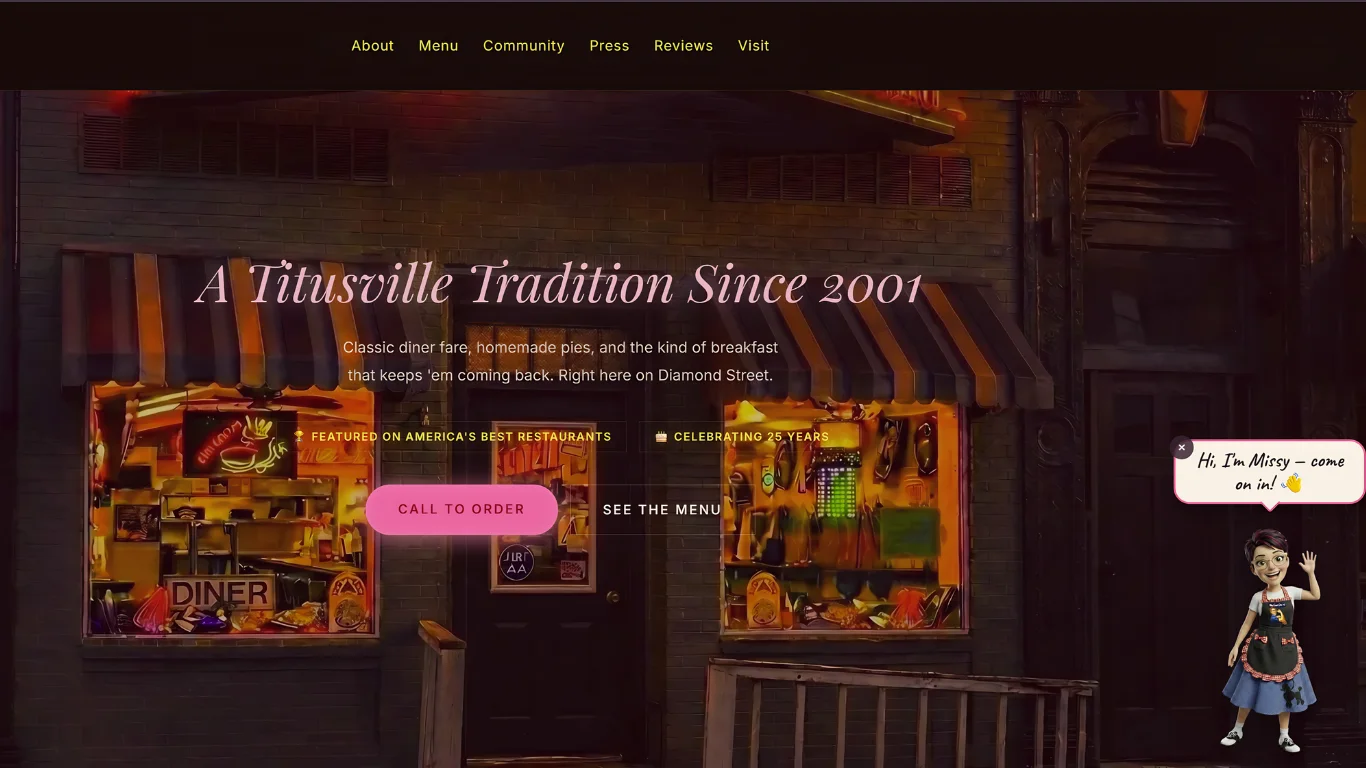 The Missy's Arcade homepage: 'A Titusville Tradition Since 2001,' with the diner's red-booth, vintage-neon personality carried into the design.
