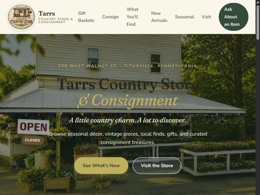 The Tarr's Country Store & Consignment website built by Forever Still Studio