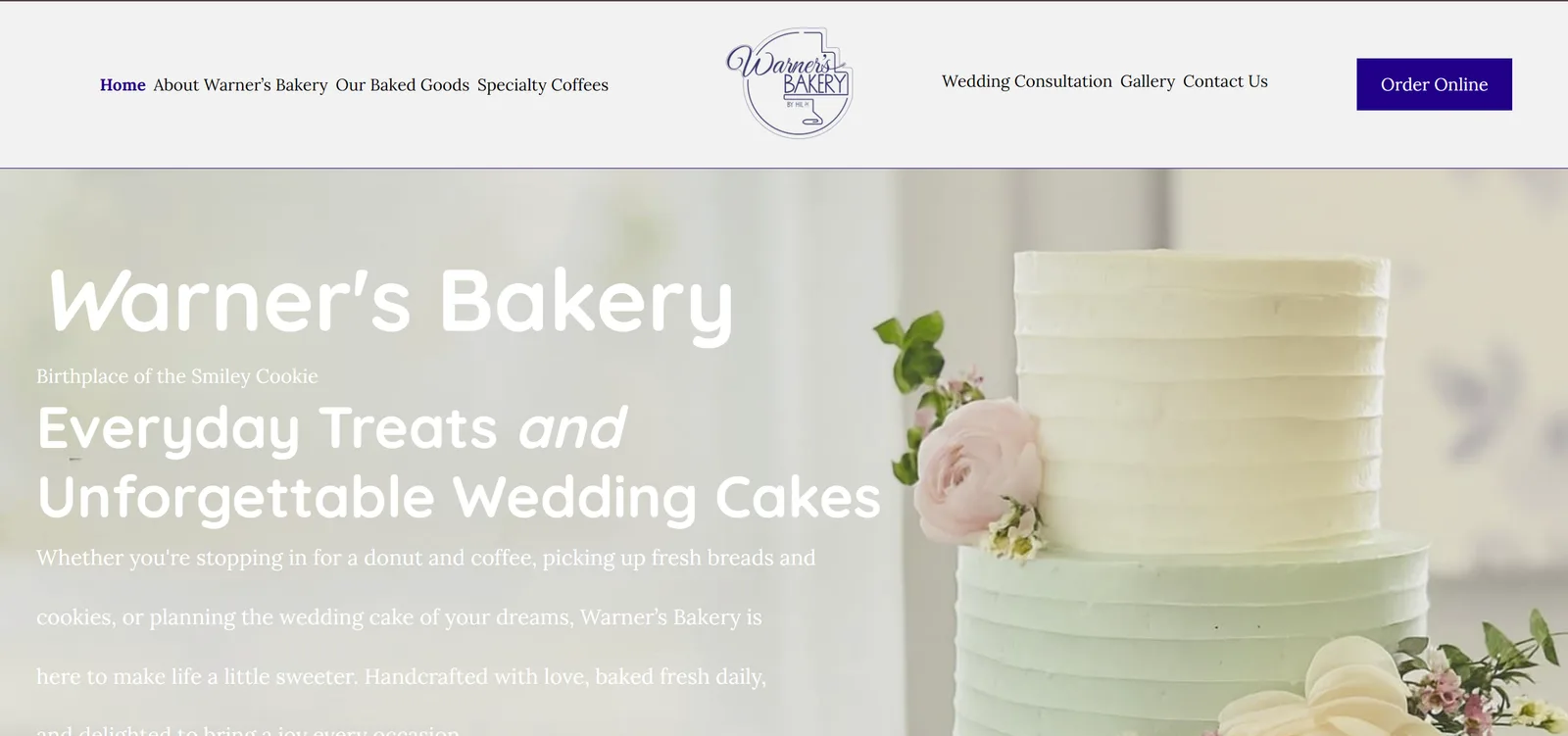 Warner's Bakery's previous website: a generic template layout with a stock-photo hero and standard navigation.
